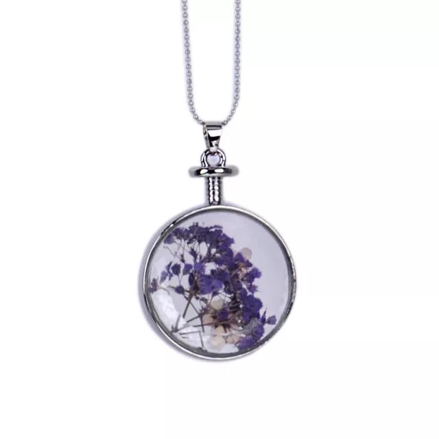 Purple Real Lavender Dried Flower Round Crystal Ball Pendant Chain Necklace