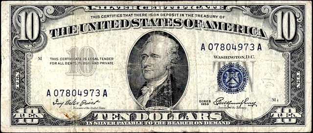 US Currency 1953 $10 Ten Dollar Silver Certificate Blue Seal FR 1706
