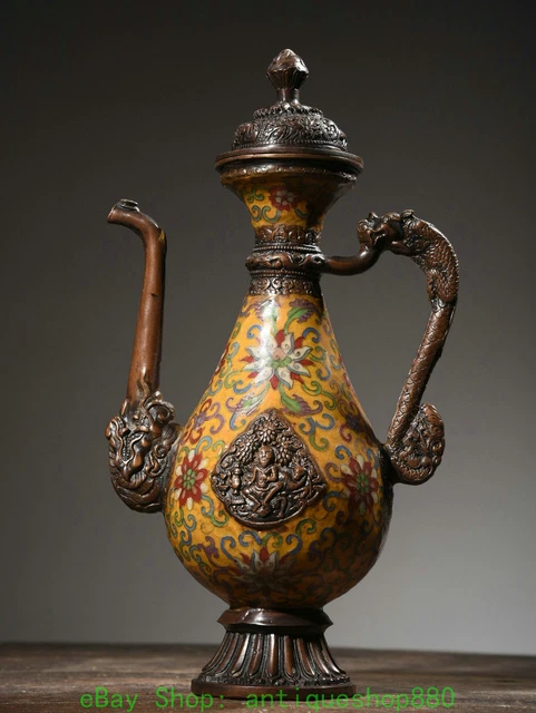 14.1'' Old Bronze Cloisonne Enamel Dragon Handle Wine Tea Pot Flagon Sculpture
