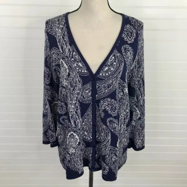 Chicos 3 Navy Paisley Cardigan Sweater Size XL V Neck Long Sleeve Silver Studs