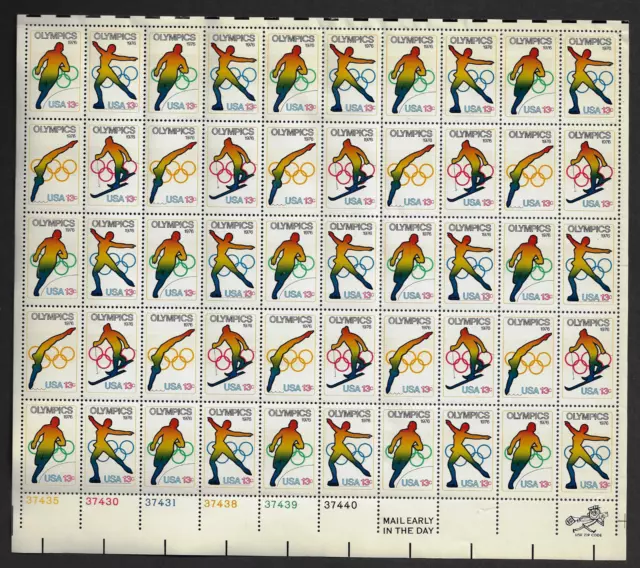 USA Stamps — Full Pane of 50 — 1976, 12th Winter Olympic Games #1695-1698 — MNH