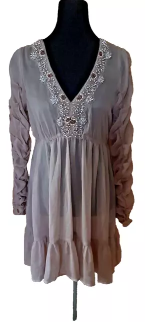 zarte romantische Long Bluse Tunika,  Kleid v. Cream, Gr. 40 mit Perlen, Chiffon