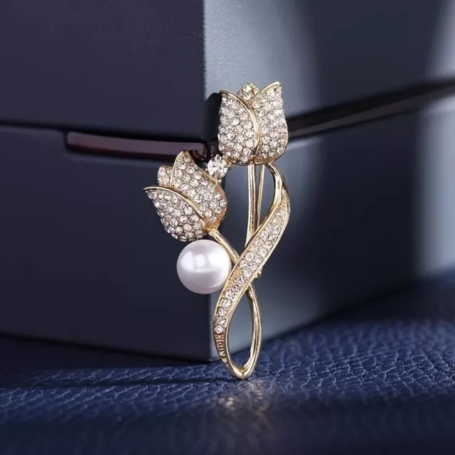 Womens Elegant Tulip Flower Faux Pearl Rhinestone Gold Brooch Pin Accessory Gift