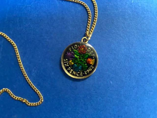 1962 Enamelled Sixpence Pendant on Gold Coloured  Necklace 2