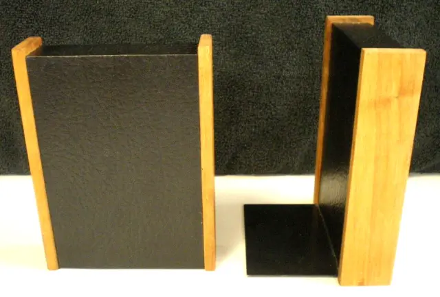 TEAK / WALNUT(?) & TEXTURED BLACK VINYL Vtg Pair BOOKENDS Mid Century Modern MCM