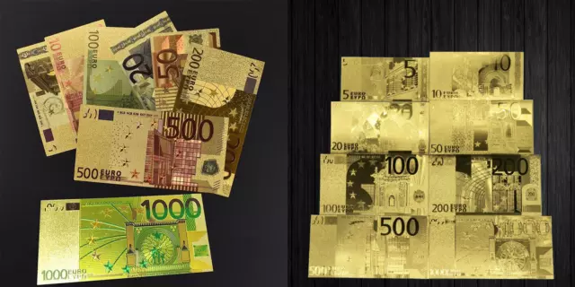 Lot de 16 billets Euros plaqués or (5, 10, 20, 50, 100, 200, 500, 1000€) S2002