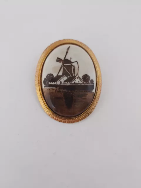 Vintage Golden Coloured Oval Shaped Windmill Scenery Design Print Brooch