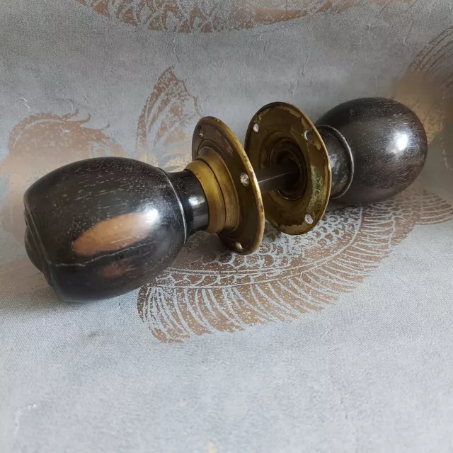 Vintage Pair Reclaimed Art Deco Antique Wooden Door Knobs With Brass Roses Wow