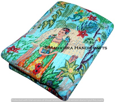 Somukara Coperta Kantha fatta a mano in puro cotone Kantha con stampa di Frida Kahlo Beige, Matrimoniale 
