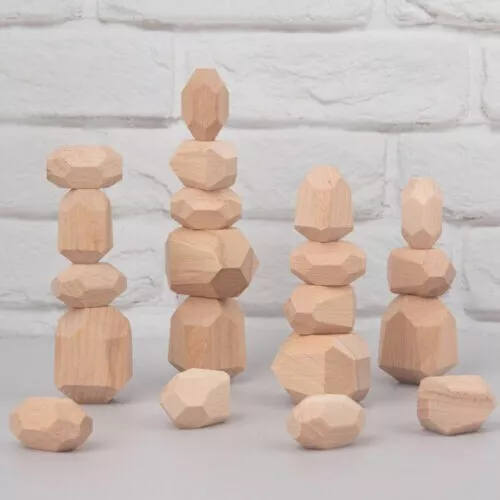 16PC Wood Toy Creative Wooden Colored Stacking Balancing Stone Building Blocks