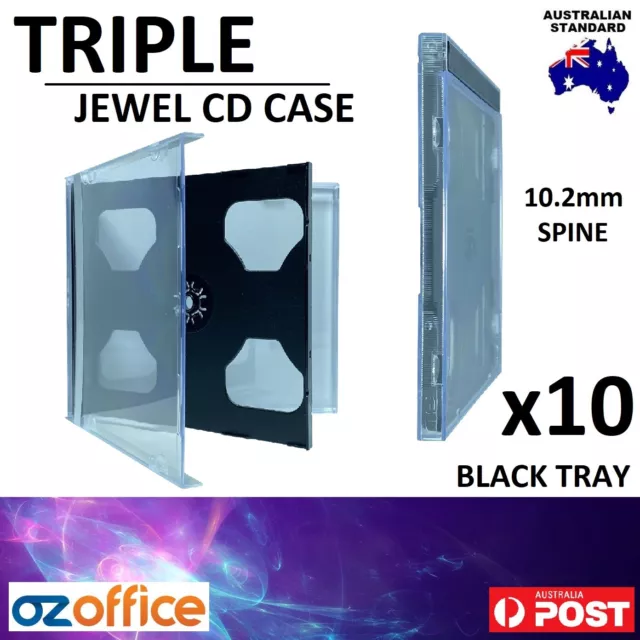 10 x TRIPLE Jewel CD Case - Black Tray CD Triple Case - Standard Size 10mm Spine