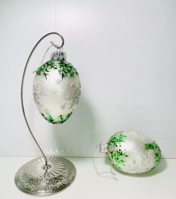 Set of 2 Vintage Hand Blown Glass Egg Christmas Ornament Hand Painted 5”x 3 1/2”