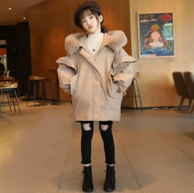 New Winter Child Cotton Down Jacket Girl Faux  Fur Hooded Coat Warm Outerwear
