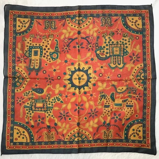 Vintage Handkerchief Orange Brown Cotton Geometric Horse Painting Bird Art Hanky