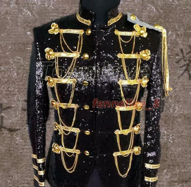 Mens Sequins Bling Suit Blazer Military Bar Coat Jacket Dress Formal Party Gold