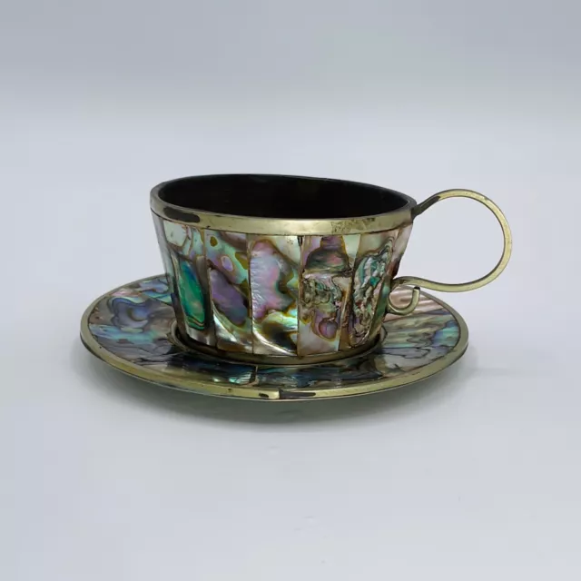 Vintage Cup & Saucer Set Abalone Shell Mosaic Inlay Demitasse Mexico Silver Tea