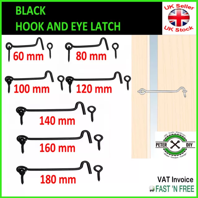 HOOK and EYE BLACK Cabin Latch Lock Shed Gate Door Catch Silent Holder 60-120mm