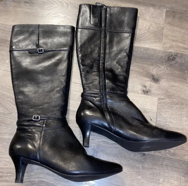 Cole Haan Women Slim Heel Leather Mid Calf Boots Black S 8B Buckle Top & Bottom