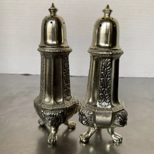 Silver Plated Salt and Pepper Shakers w/Lion Heads on the bottom Made In Japan