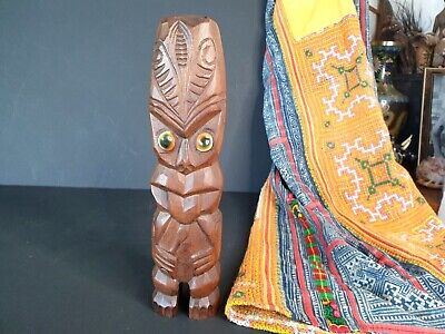 Old New Zealand Carved Wooden Tiki with Green Cat Eye Shell Eyes …beautiful