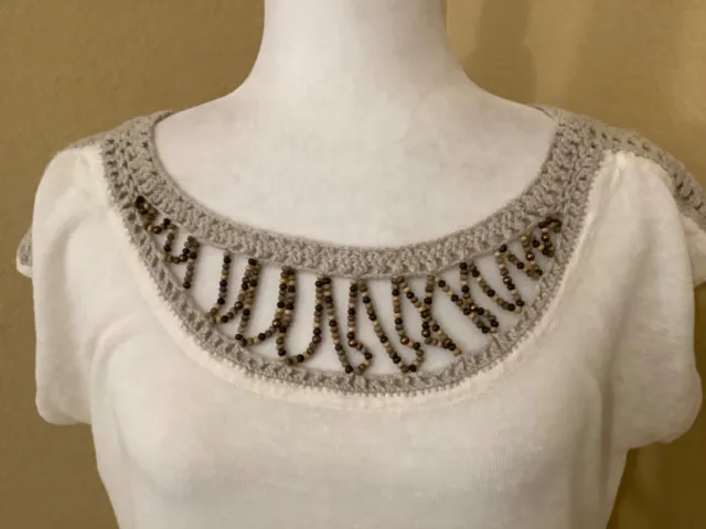 Lucky Brand Women's Linen Wooden Bead Crocheted Neck BOHO Top Sz S