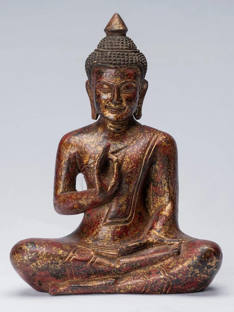 Buddha - Antique Khmer Style Seated Wood Buddha Statue Teaching Mudra - 27cm/11"