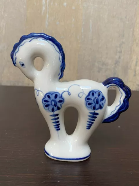 Gzhel Porcelain Figurine Handpainted Cobalt and White Horse