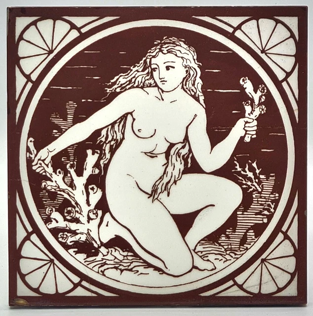 Antique Minton Tile Block Printed Water Nymphs J.Moyr Smith C1875 RARE AE4