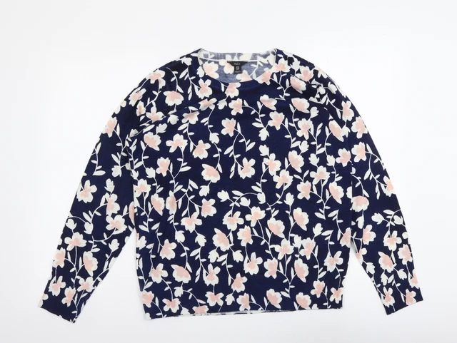 Maglione maglione acrilico a fiori M&Co da donna blu collo rotondo taglia 14