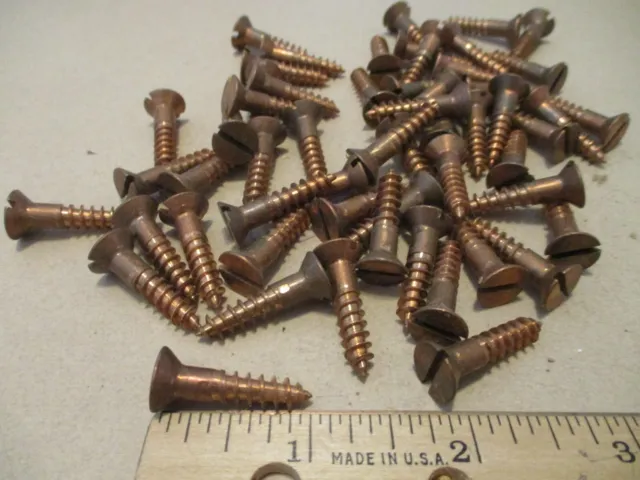50 VINTAGE NOS, SOLID BRASS WOOD SCREWS WITH THE REG. SLOTTED FLAT HEAD 1" x #12