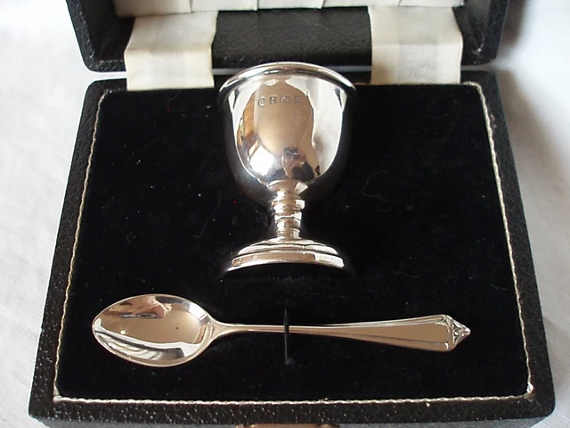 Egg Cup & Spoon In Box Sterling Silver Birmingham 1950