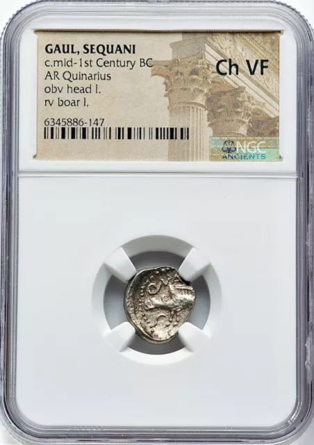 CELTIC GAUL SEQUANI Mid-1st Century BC AR Quinarius Head/Boar NGC Choice VF