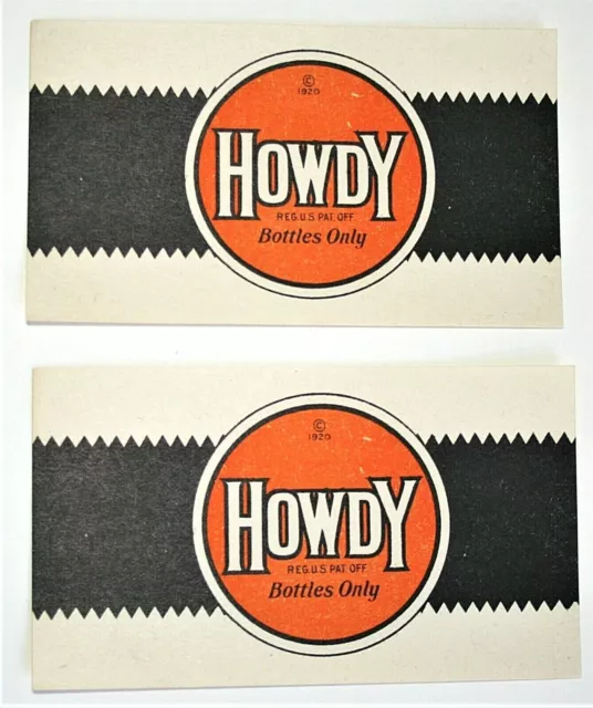 2 Howdy Soda Soft Drink Bottles Only Paper Label New NOS 1920