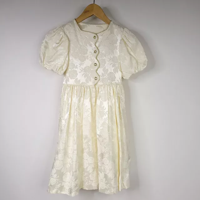 VTG Wee Clancy Girls Jacquard Dress Size 7 Ivory Floral Short Sleeve Gold Button