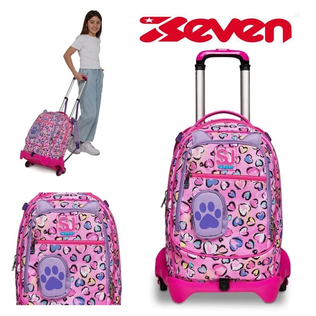 TROLLEY ZAINO SEVEN bambina scuola elementare sganciabile rosa con cuori 3  ruote EUR 115,00 - PicClick IT