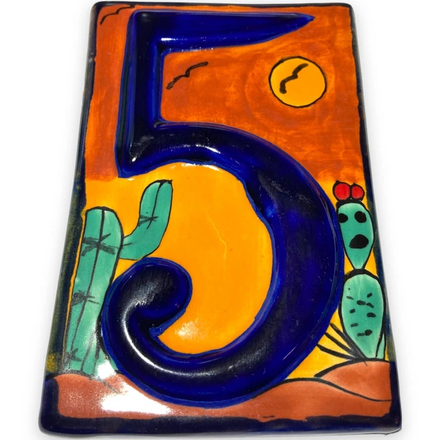 Mexican Talavera Desert House Address Number #5 Hand Painted Clay Ceramic Tile
