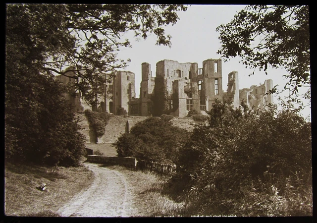 SEPIA Glas magische Laterne Rutsche KENILWORTH CASTLE VON BRÜCKE C1890 ALTES FOTO