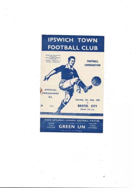 1957/58 Ipswich Town v Bristol City Football Combination Programme