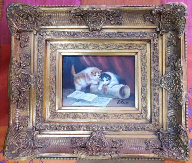 tableau chats chatons - huile sur bois - signé R. Madis?