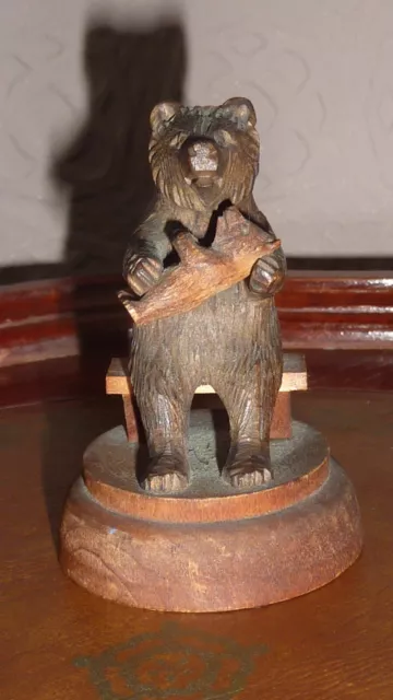 lovely old Carved forest Wood carving wooden treen bear with baby cub on bench