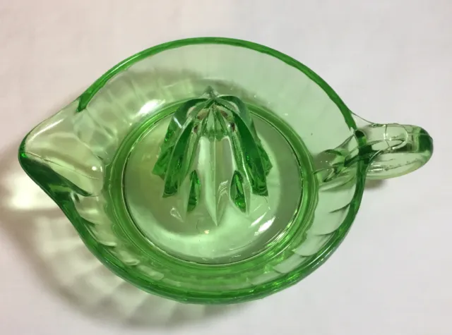 Vintage Large Green Depression Uranium Vaseline Glass Juicer Reamer 8”