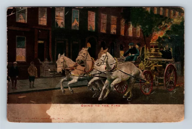 On The Move Steam Pumper, Three Horse Team, Fire Fighters, Vintage Postcard