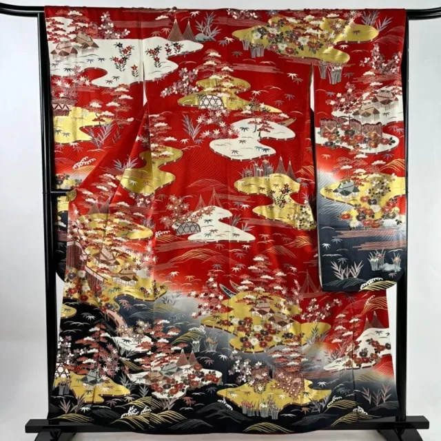 Japanese Kimono Furisode Pure Silk Building Shochikubai Gold Thread Red