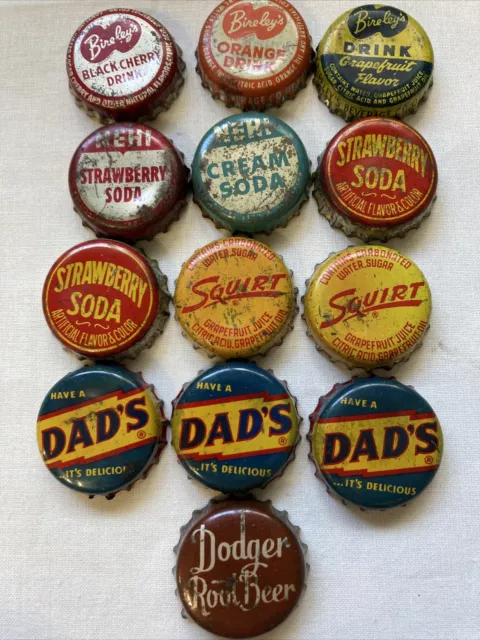 Lot of 13 vintage cork lined Soda bottle cap Bireley’s Nehi Squirt Dad’s Dodger