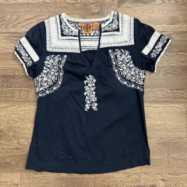 Rare $228 Tory Burch navy/white embroidered boho, Oaxaca blouse, size 4, Small