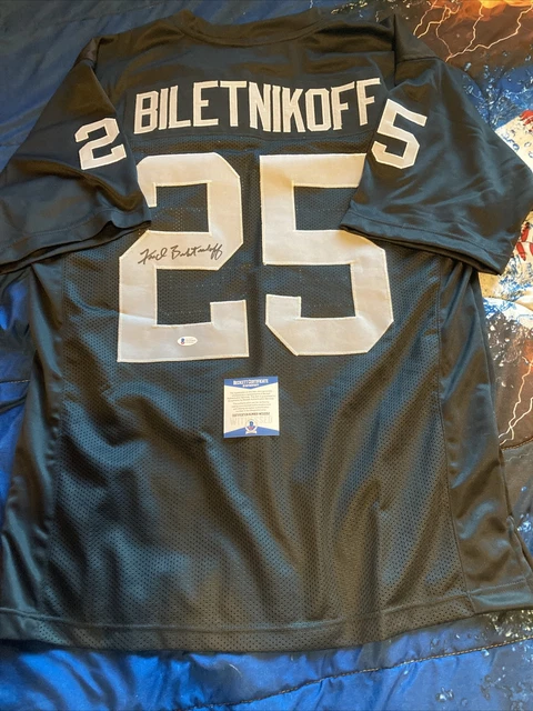 FRED BILETNIKOFF signed Oakland Raiders Black Custom Jersey Beckett Witness COA FRED BILETNIKOFF signed Oakland Raiders Black Custom Jersey Beckett Witness COA