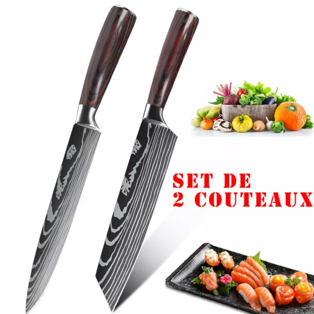 Set 2 Couteau de Cuisine Japonais Damas Chef Professionnel Acier inoxydable