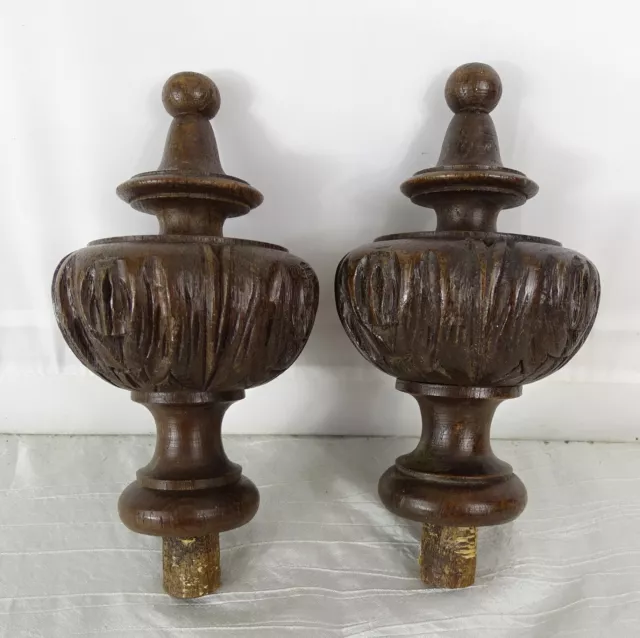 5.7" Antique French Oak Wood Finials Pair Hand Carved- Newel Post Finial