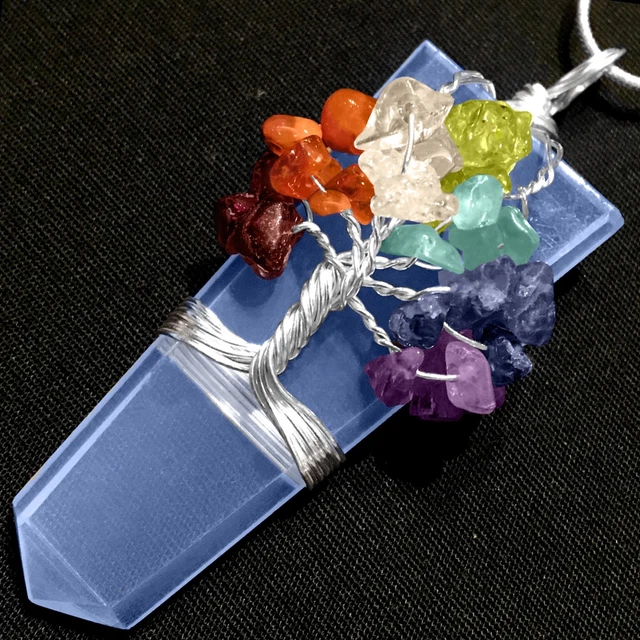 Opalite Opal Wire Wrap Tree Of Life 7 Chakra Crystal Pendant Heal Stone Necklace