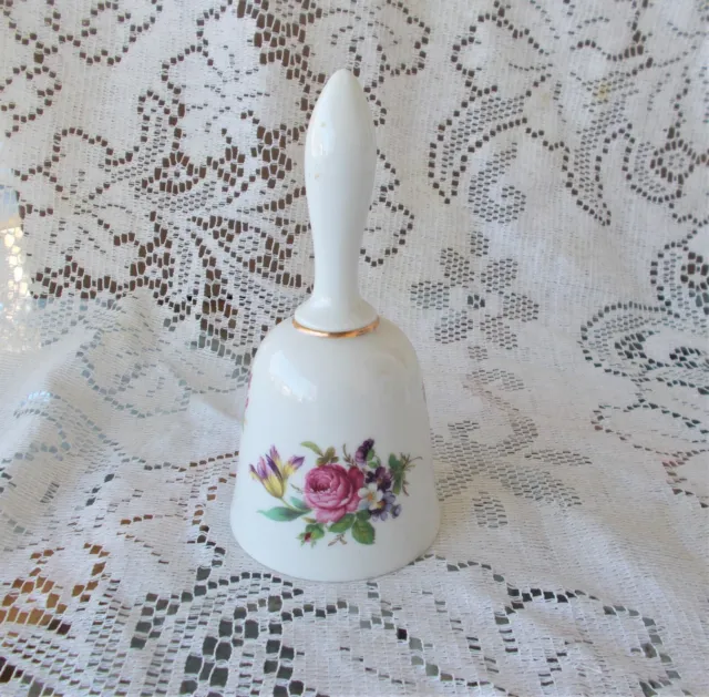 Vintage Bareuther Waldsassen Porcelain Floral Hand Bell Bavaria Germany 7"